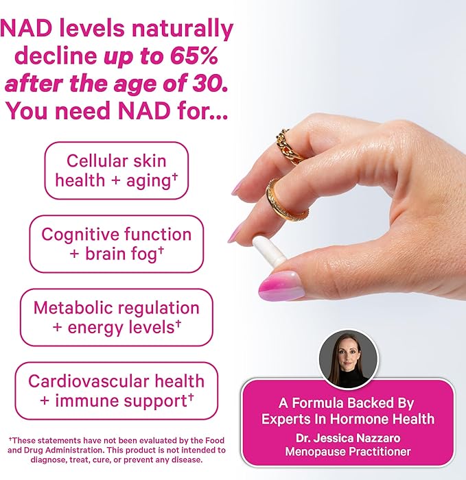 Pink Stork NAD+ Supplement for Women | 500 mg Nicotinamide Riboside NR | Clinically Studied Pure NMN Powder | Brain + Cognitive Support | Energy + Skin Essentials Over 30 | 30 Capsules