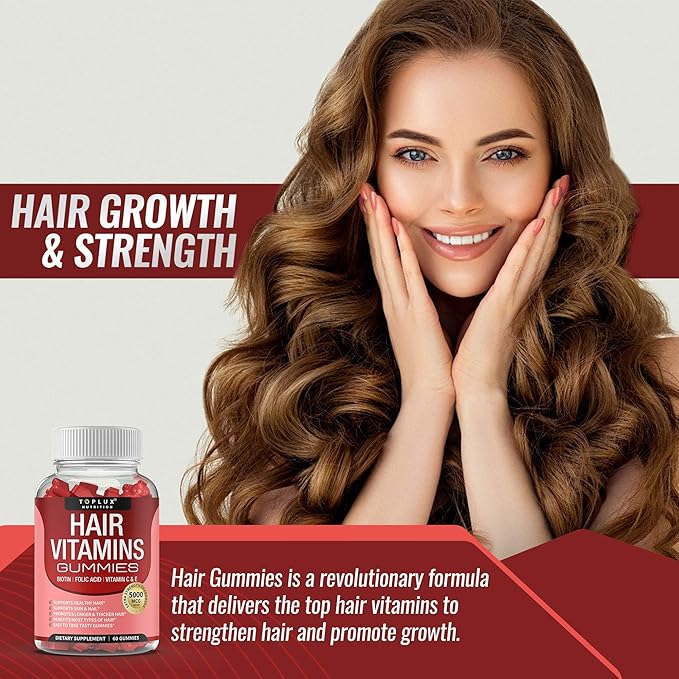 Hair Vitamins Gummies Supplement – Faster Hair Growth Gummy 5000mcg Biotin Folic Acid Vitamin C &amp E Support Stronger &amp Thicker Hair Skin Nails Non-GMO for Men Women 60 Berry Flavored G