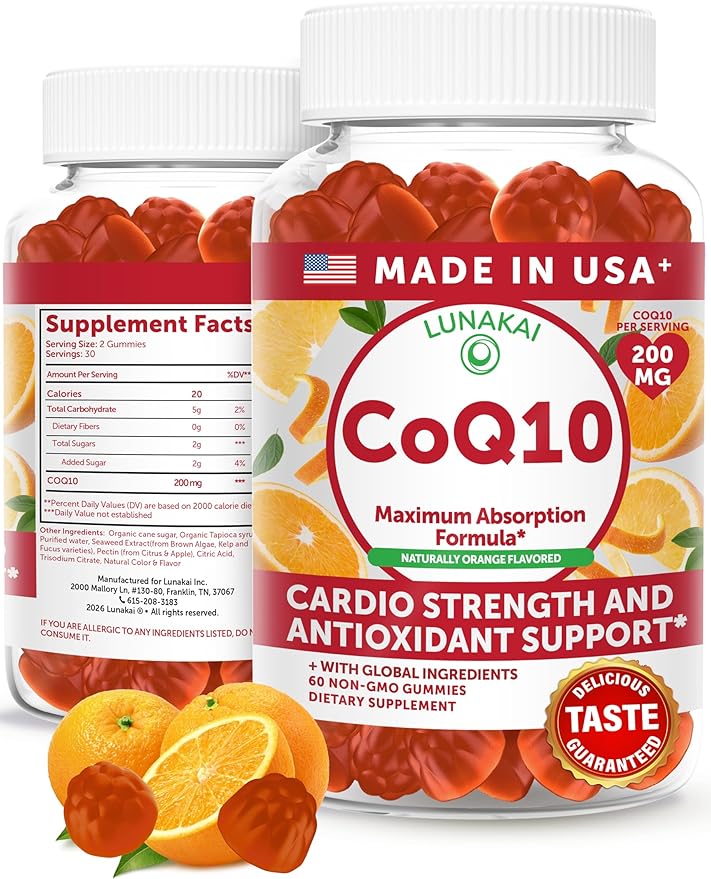 Lunakai USA Made CoQ10 Gummies for Adults – 200mg High Potency Coenzyme Q10 Supplement for Daily Heart Energy &amp Antioxidant Support for Women &amp Men Non-GMO 60ct