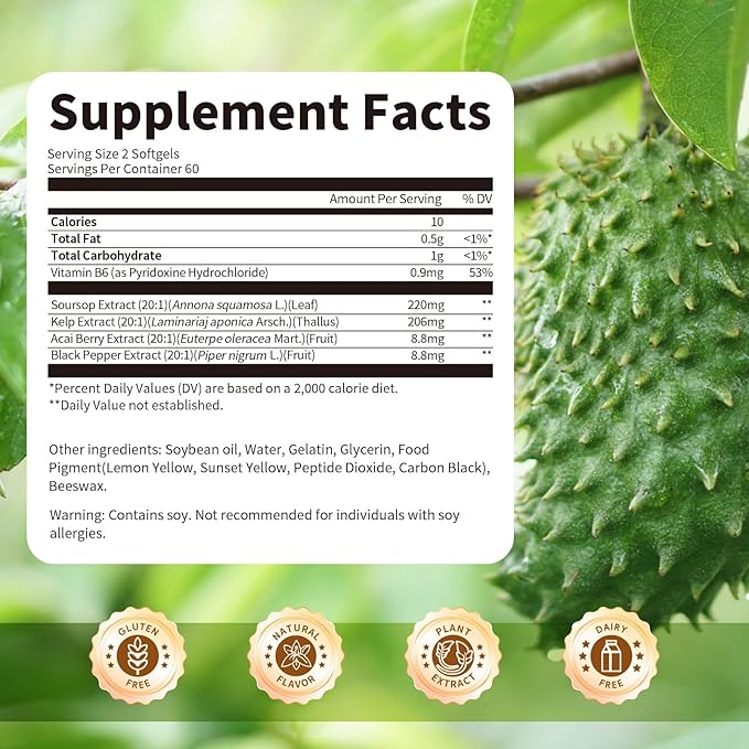 Soursop Graviola Capsules with Kelp for Cell Regeneration Enhances Immunity Digestive Support Anti-oxidant* Properties Gluten Free Vegan 120 Counts (2 Pack)