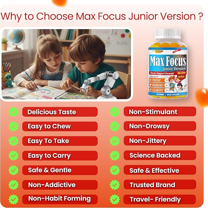 Max Focus Gummies for Kids &amp Teens | Omega 3 for Kids Gummies | DHA Kids Vitamin Gummies for Brain Support | Teen Vitamin | Concentration &amp Learning Support for Children Pre-Teens – 60 Gummie