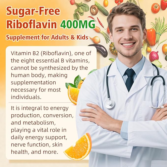 2 Pack Vitamin B2 Gummies - Riboflavin 400mg for Kids &amp Adults Migraine Relief &amp Headache Relief Vegan Sugar-Free Orange Flavor 120 Gummies