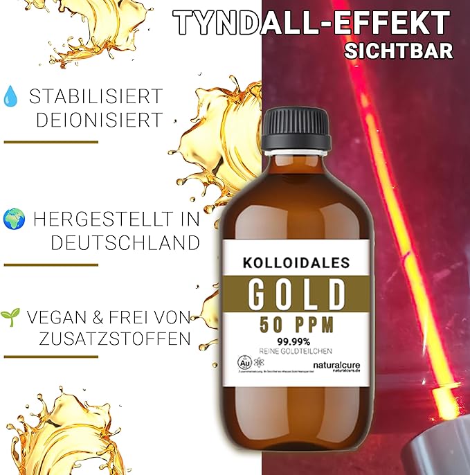 Colloidal Gold Solution - 50 PPM - 500ml - 99.99% Pure - High Purity - 24k - All Natural - Electrolysis Process - Glass Bottle - Ruby Red