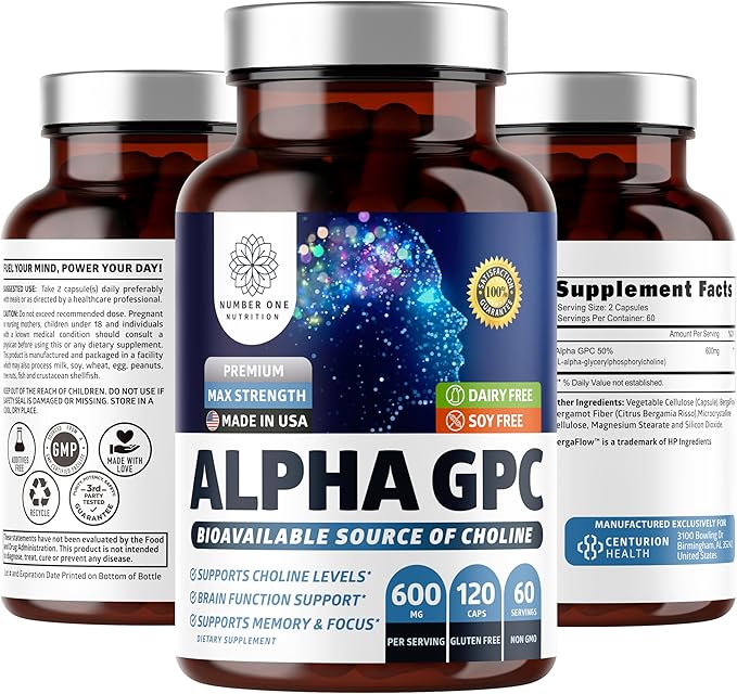 Number One Nutrition Premium Alpha GPC Choline Capsules 600mg Natural Brain Supplement to Support Focus Memory Clarity and Energy 120 Veg Caps