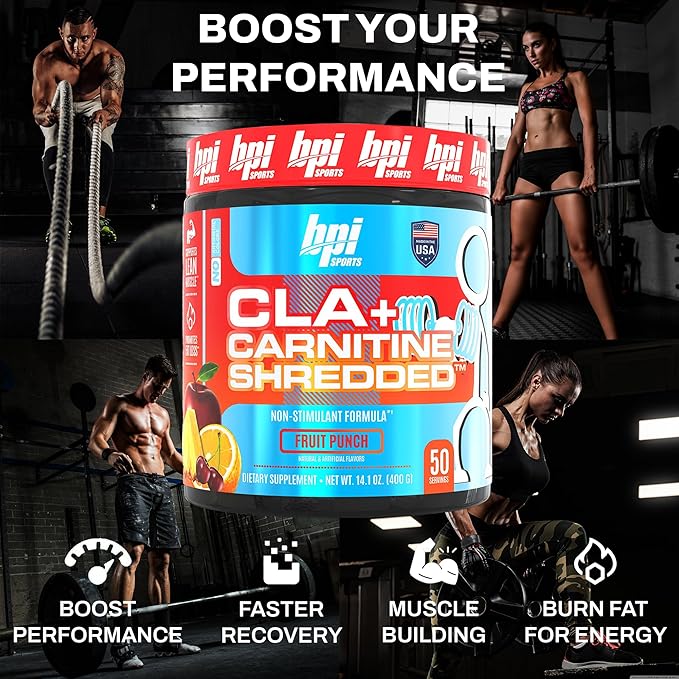 BPI Sports CLA + Carnitine Shredded - Convert Fat Cells Into Energy and Supports Lean Muscle Boost Metabolism - Non-Stimulant L-Carnitine Supplement - Fruit Punch (14.1 oz. / 50 Servings)