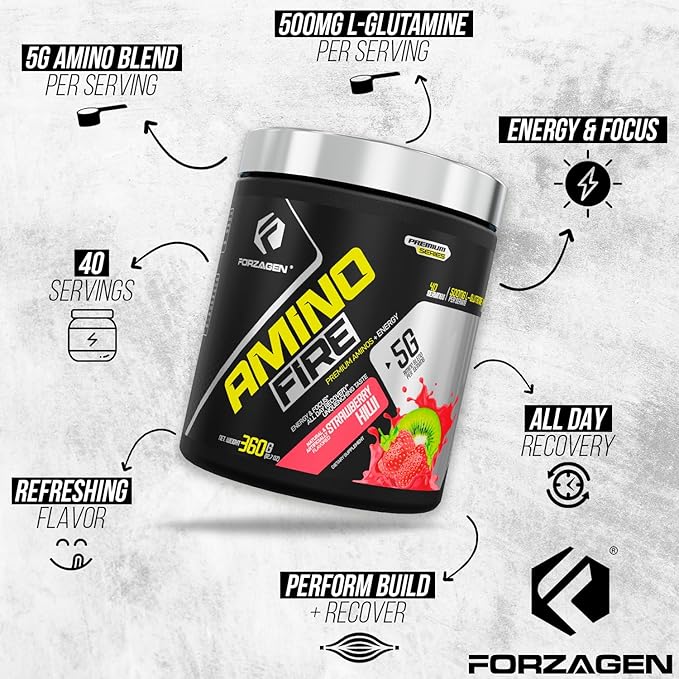 Forzagen Amino Fire | Essential Amino Energy Powder for Pre-Workout | BCAA Energy Boost &amp Muscle Recovery Drink Mix Enhance Focus &amp Concentration Dietary Supplement | Strawberry Kiwi 40 Ser