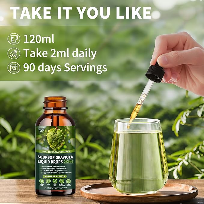 (3 Pack) Soursop Graviola Liquid Drops 2000mg 98% Absorption for Cell Support &amp Regeneration Immune Boost Liver Herbal Goodness Soursop Bitters Liquid-Sugar/Gluten Free Natural Flavor 6 Fl