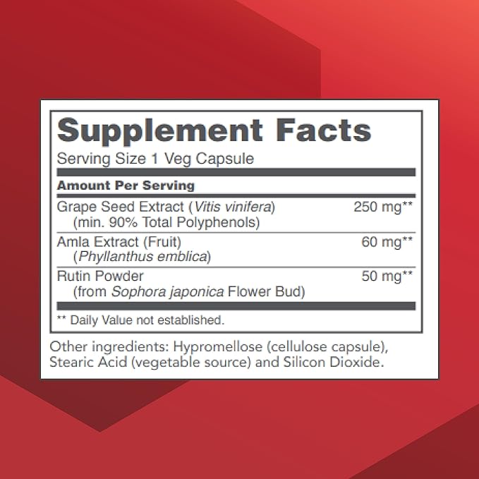 PROTOCOL FOR LIFE BALANCE Grape Seed OPC - 250mg - 90% Polyphenols - with Rutin &amp Amla Fruit Extract - Grape Seed Capsule - Non-GMO &amp Kosher - 90 Veg Caps