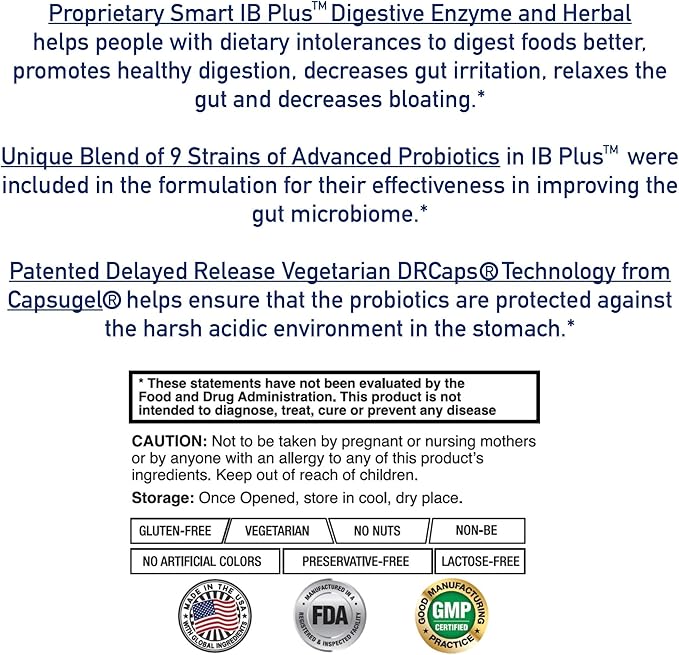 IBplus® Probiotic Digestive Enzyme &amp Herbal Blend Improved Formula-60 Capsules!! for Irritable Bowel - Abdominal Pain Constipation Diarrhea Gas/Bloating –Proprietary Formula by Smart Naturals