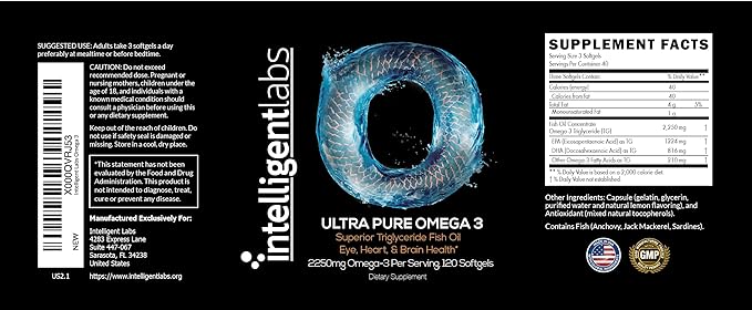 Intelligent Labs Triglyceride Omega 3 | 2250mg per 3-Capsule Serving | Burpless Fish Oil Capsules | 120 Softgels Per Bottle