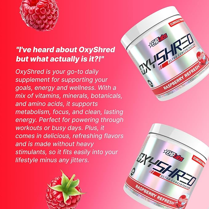 EHP Labs OxyShred Pre Workout Powder - Preworkout Powder with L Glutamine &amp Acetyl L Carnitine Energy Boost Drink - Raspberry Refresh 60 Servings