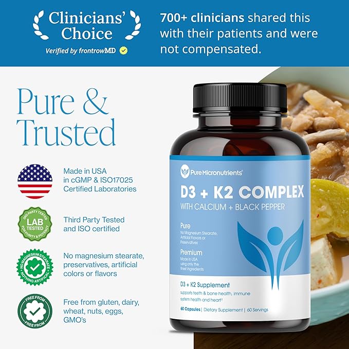 Pure Micronutrients Vitamin D3 K2 Supplement | MK7 100mcg D3 5000 iu Calcium + BioPerine | Muscle &amp Bone Health Heart Immunity &amp Energy Support | Vegan | 60 Capsules