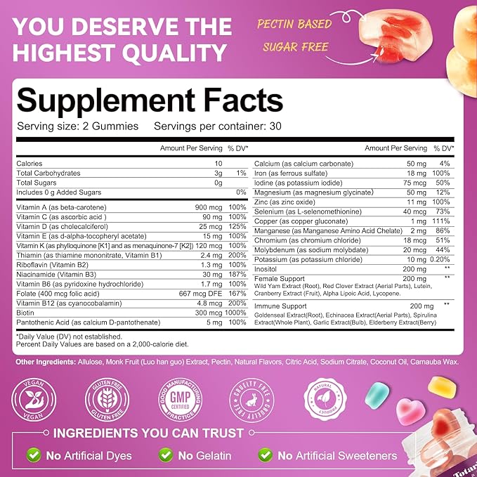 Totaria Sugar Free Womens Multivitamin Gummies with Iron Women's Multivitamin w/Vitamins C D3 K2 B12 B6 Filled Gummies for Daily Nutritional Support| Immune Support| Skin Health Mixed Flavors