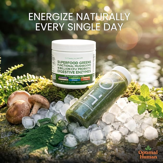 Optimal Human Superfood Greens Powder – 90+ Ingredient Blend with Lion’s Mane Supplement Ashwagandha &amp Turmeric – Non-GMO Soy-Free Mushroom Supplements for Women - 6.28 oz