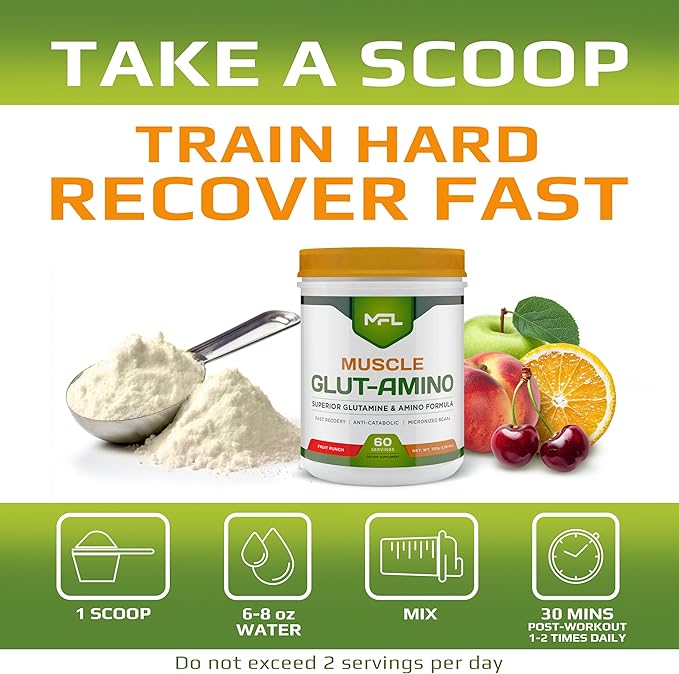 MFL Muscle Glut-Amino | Glutamine Complex | Amino Complex | 0 Sugar | Sweetened with Stevia | All-Natural | 60 Servings (Fruit Punch)