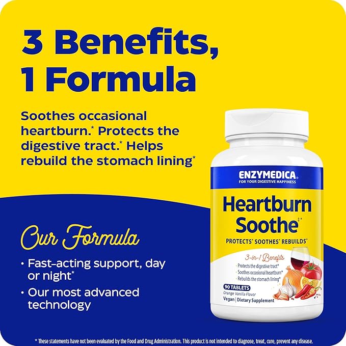 Enzymedica Heartburn Soothe Chewable Supplement - Natural Reflux &amp Stomach Lining Support Balances pH Levels with Alginate Fast-Acting Acid Support for Digestive Health Vanilla Orange - 90 Tabl