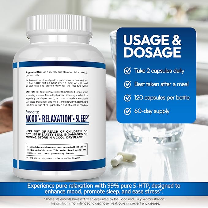 5-HTP 200 MG Per Serving Plus Calcium for Mood Sleep – Supports Calm and Relaxed Mood – 99% High Purity – 120 Capsules – Arazo Nutrition