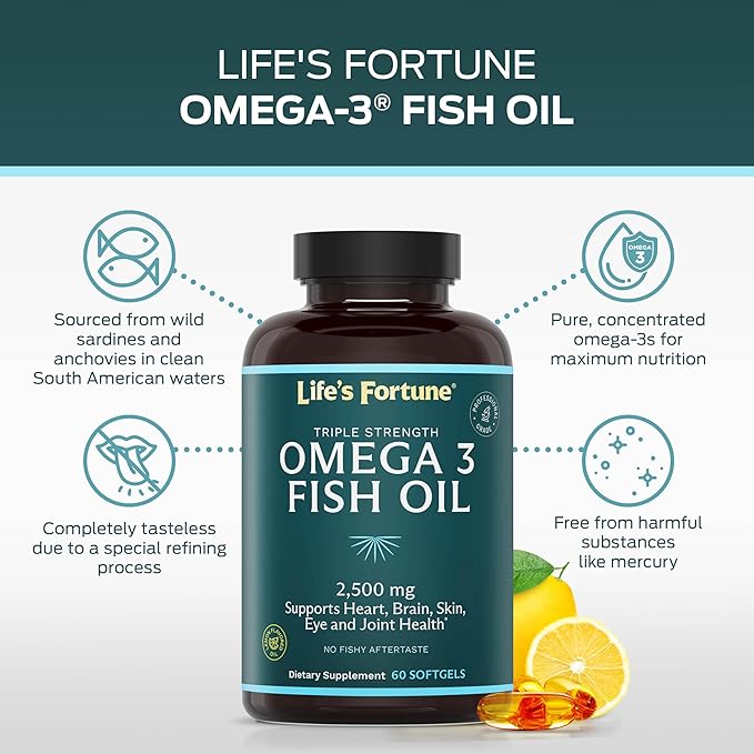 Life's Fortune Fish Oil Omega 3 Concentrate Supplement 2500 mg 60 Softgels High Potency EPA &amp DHA Fatty Acid - Heart Brain Skin Joints - Non GMO
