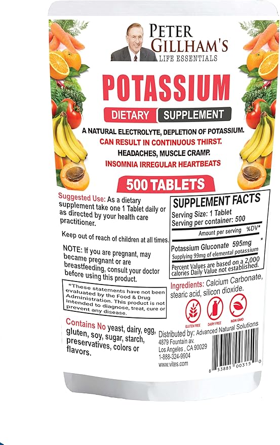 Peter Gillham’s Life Essentials Potassium Gluconate tablets 595mg 500 Tablets Support Electrolyte Balance Made in USA (Package May Vary)
