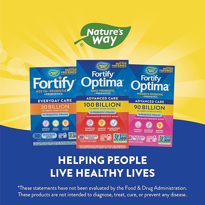 Nature's Way Fortify Optima Probiotic for Adults 100 Billion Live Cultures 15 Strains Supports Digestive and Immune Health* Plant-Based Prebiotic Fiber 30 Capsules (Packaging May Vary)