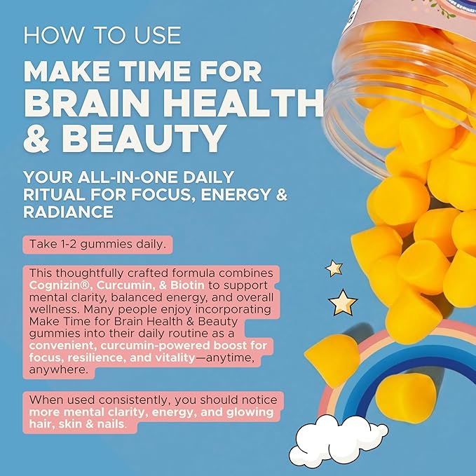 MAKE TIME Brain &amp Beauty Gummies – Cognitive Support with Cognizin Citicoline &amp Biotin for Focus Clarity &amp Radiant Hair Skin &amp Nails – Sugar-Free Delicious Blueberry Flavor (60 Gum