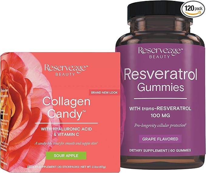 Reserveage Beauty- Resveratrol Gummies 100 mg Antioxidant Supplement Supports Healthy Aging Vegan - 1 Pack &amp Collagen Candy Collagen Supplement for Skin Care and Hair Growth Collagen Booster