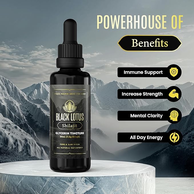Black Lotus Pure Shilajit Resin Liquid Tincture 50ml 100% Pure Natural Shilajit for Men &amp Women with Amino Acids 175mg Fulvic Acid 85 Ionic Trace Minerals for Immune Support Focus Energy