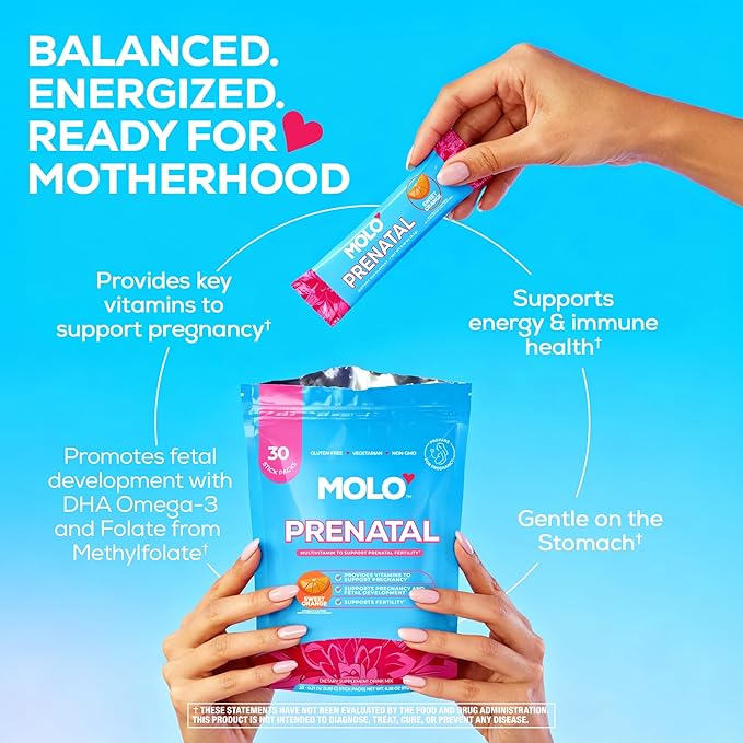 MOLO Prenatal Multi-Vitamin Drink Mix for Women – Packed with essential vitamins &amp antioxidants DHA Omega-3 Methylfolate – 30 Stick Packs with Sweet Orange Flavor – Vegetarian Gluten-Free &amp