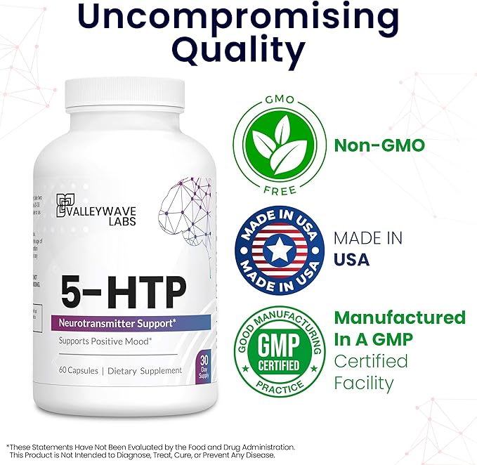 5-HTP - 200mg 5HTP Supplement (5-Hydroxytryptophan) to Support Mood Plus Sleep* Stress Relief* 60 Capsules - 30 Day Supply Made in USA