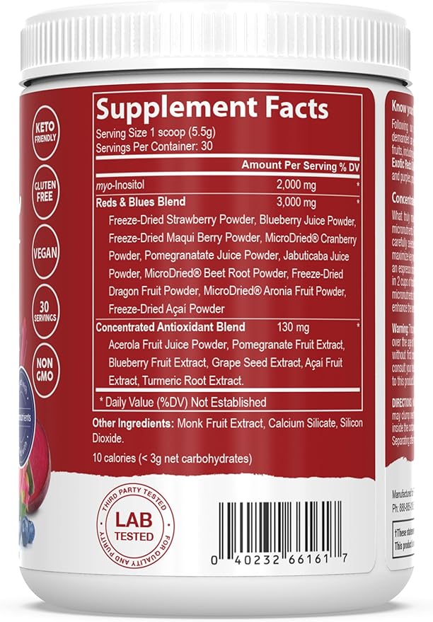 PEScience Exotic Reds &amp Blues Red Superfoods Powder with Myo-Inositol Beet Root Powder Pomegranate and Acai Extract Freeze-Dried Antioxidant Fruit Blend 30 Servings
