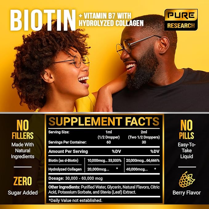 PURE RESEARCH Liquid Biotin &amp Collagen Hair Growth Drops 60000mcg – Biotin and Liquid Collagen Supplements for Women &amp Men – Supports Glowing Skin Healthy Hair &amp Nail Growth (2Fl Oz)