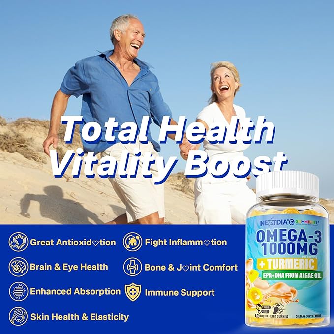 Vegan Omega-3 Gummies 1000mg + Turmeric - Omega 3 Fish Oil Alternative for Adults - Algae DHA 600mg &amp EPA 300mg Vitamins A C E Zinc &amp MSM Sugar Free 60 Cts