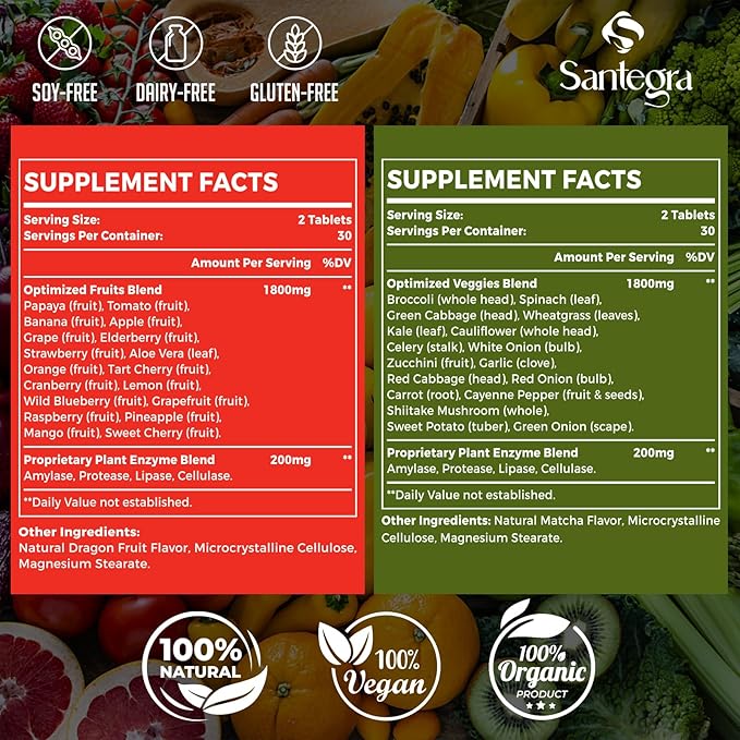 2000 MG Fruit and Veggies Supplement 35+ Fruits and Vegetables for Daily Variety 100% Whole Food Superfoods Natural Vitamins for Women &amp Men Sugar-Free Gluten-Free Vegan 240 Tablets