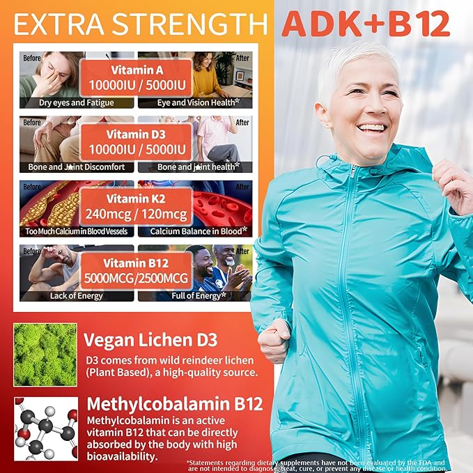 Sugar-Free ADK+Vitamin B12 Gummies - Vitamin D3 K2 10000IU/ 5000IU B12 5000mcg 2500mcg K2 (MK-7) 240mcg Multivitamin Adults-Vitamin AVegan Vitamin DMethyl B12CZinc-EyeBoneEnergyNerveImmune