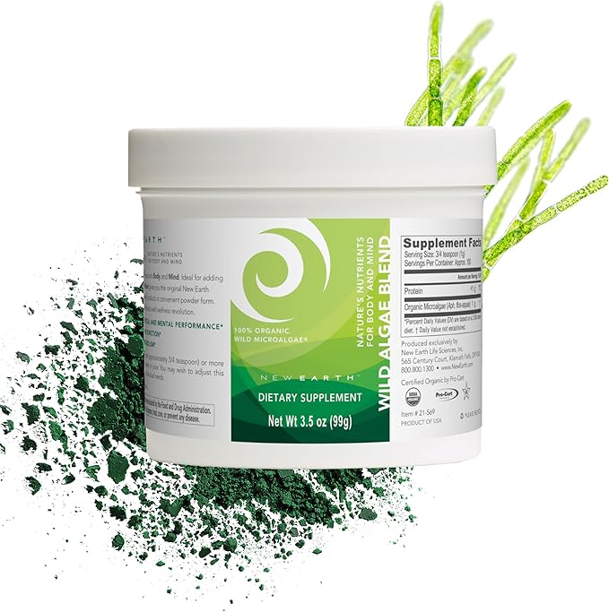 New Earth Wild Algae Blend Organic Superfood Powder | Pure Organic Wild Microalgae (AFA) | Supports Energy Digestion Nutrient Absorption &amp Immune Health | Vegan Non-GMO
