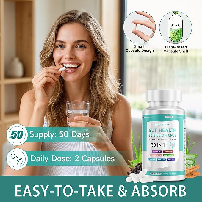 2-Pack Gut Health Capsule Supplement Supports Microbiome Leaky Gut and Digestion with 80 Billion CFU Probiotics Prebiotics Digestive Enzymes 30-in-1 Gut Health Supplement 200 Capsules