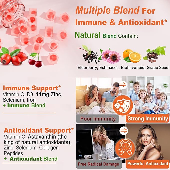 Natural Liposomal Vitamin C 1000mg Gummies for Adults &amp Kids 9+ Vitamin C w/ 11mg Zinc D3 Elderberry Echinacea Bioflavonoid Immune Support Whole Food VIT C from Fruits Sugar Free 2 Pack