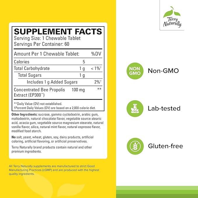 Terry Naturally Propolis Extract EP300 - Upper Respiratory &amp Immune System Support Supplement - Non-GMO with Bee Propolis Extract - Child &amp Adult Supplement - 60 Chewable Tablets