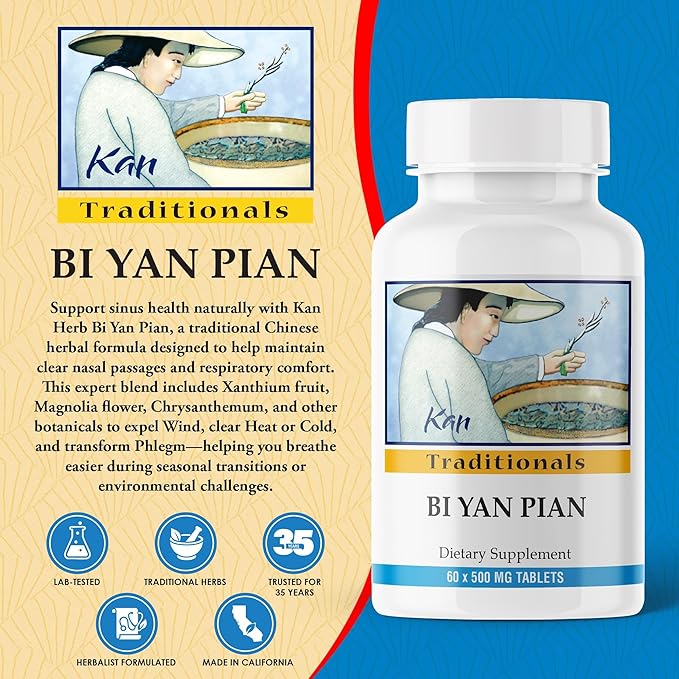 Kan Herbs Company Bi Yan Pian – Traditional Chinese Herbal Formula for Sinus Health Supports Clear Nasal Passages Supports Seasonal Balance Herbal Supplement 60 Tablets