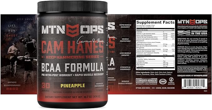 MTN OPS BCAA Powder 2:1:1 Amino Acids Supplement Powder for Rapid Muscle Recovery &amp Repair with Zero Sugar &amp Gluten Free - 30-Servings Pineapple Cameron Hanes Keep Hammering Series