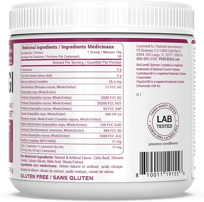PEScience Complete-GI Gut Health Powder Probiotics for Women and Men Digestive Enzymes Prebiotic Fiber L Glutamine Pepzin GI Zinc Carnosine - Watermelon Flavor 30 Servings
