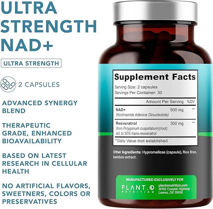 NAD Supplement High Purity (500mg of 95% Pure NAD Plus) with Resveratrol - NMN and Nicotinamide Riboside Alternative for Energy Anti-Aging Cell Regeneration Focus – 60 Pills
