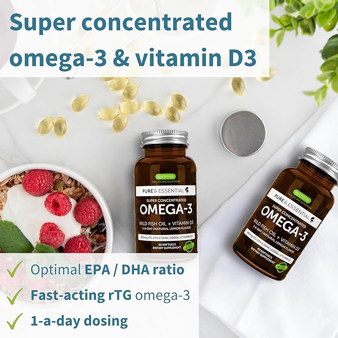 Omega-3 &amp Vitamin D3 1000iu + Focus Brain Booster Bundle Fast-Acting 1-a-Day EPA &amp DHA rTG Wild Fish Oil + Caffeine L-Theanine Taurine &amp L-Tyrosine B-Vitamins Zinc &amp Copper by Ig
