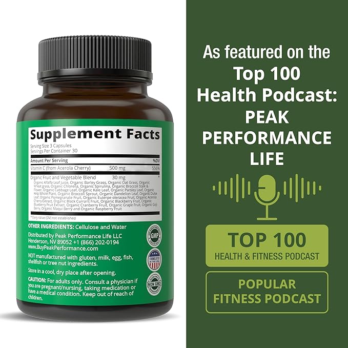 Peak Performance Raw Whole Food Natural Vitamin C Capsules from Acerola Cherry for Max Absorption. Vegan USA Sourced Vitamin C Supplement 90 Pills. 500 mg Serving or 2 Servings 1000mg