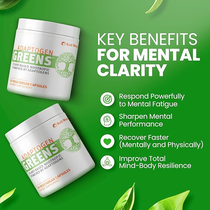 SaltWrap Adaptogen Greens - Mind-Body Resilience Formula - Caffeine-Free Nootropic for Stress Focus and Cognitive Performance - 90 Capsules