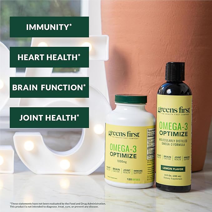 Greens First Omega-3 Optimize Daily Supplement Ultra-Pure Potent Marine Oil - for Heart Brain &amp Joint Health - High EPA/DHA - Immune Support - 850mg - 120 Softgels