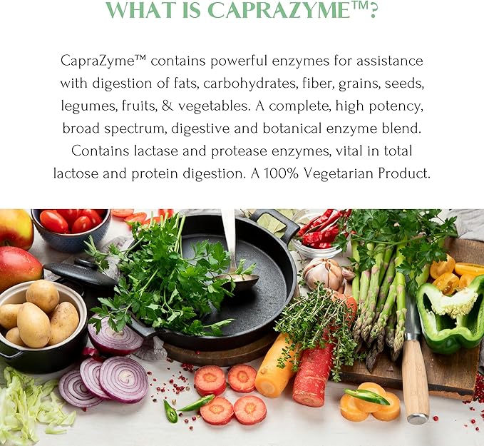 CapraZyme by Mt. Capra | Vegetarian Digestive Enzyme Supplement for Men and Women Amylase Lipase Bromelain Protease with Botanical Blend Grapefruit Ginger and Turmeric | 90 Capsules