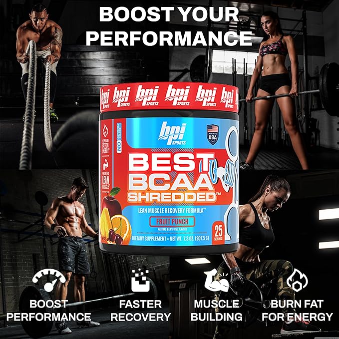 BPI Sports Best BCAA Shredded - Caffeine Free Thermogenic Recovery Drink Lean Muscle Building BCAA Powder for Women and Men Preworkout BCAAs Amino Acids Drink- Fruit Punch - 25 Servings