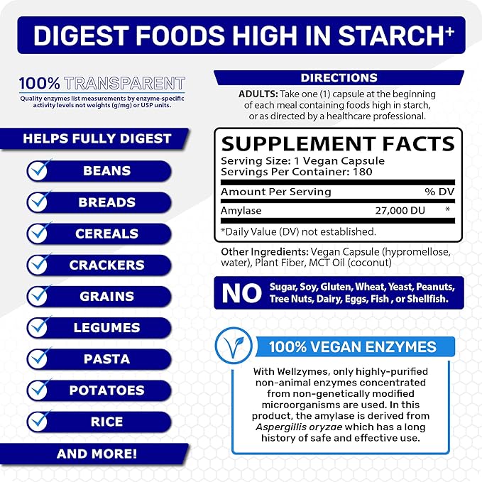 Wellzymes® Amylase for Enhanced Starch Digestion | Single Enzyme | 27000 DU Amylase per Capsule | Helps Digest Meals &amp Snacks High in Complex Carbohydrates | 180 Vegan Capsules