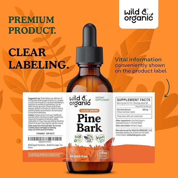 Wild &amp Organic Pine Bark Extract Tincture - Antioxidant Support - Pinus Pinaster Supplements - French Maritime Bark Liquid Drops - 2-Month Supply - Vegan Alcohol &amp Sugar-Free - 2 fl oz